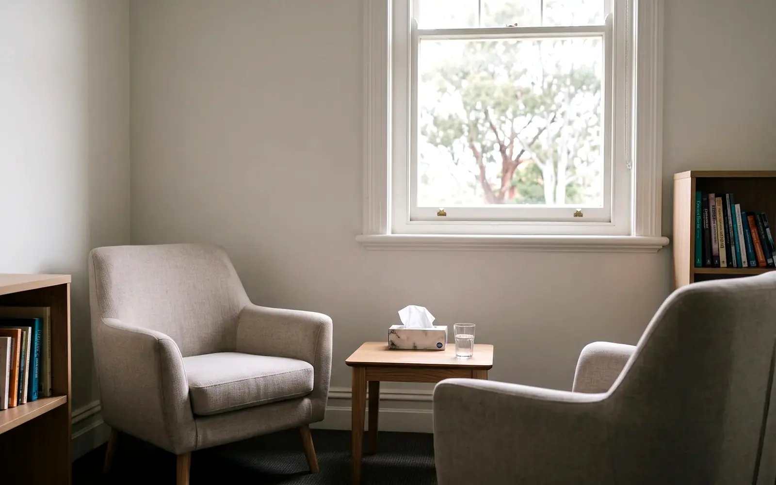 A quiet pastoral care room with two pale armchairs, a low table holding tissues and a glass of water, and a window onto gum trees.