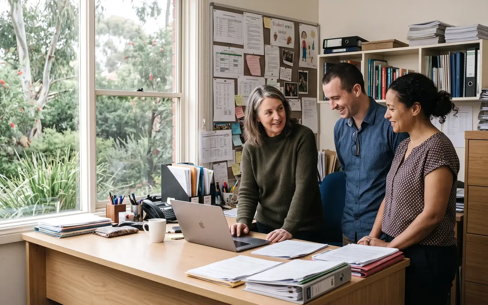 Three school staff standing over a desk of files and printouts, in an office window looking onto a garden.